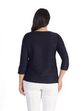 Navy Wavy Line Jacquard Button Trim Jersey Top