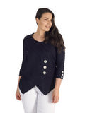 Navy Wavy Line Jacquard Button Trim Jersey Top