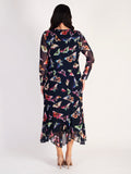 Navy Butterfly Print Curved Panel Long Sleeve Mesh Dress