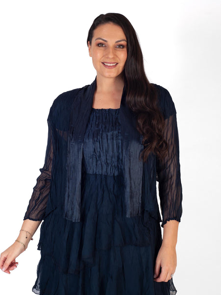 Navy Crush Pleat Satin & Chiffon Shrug