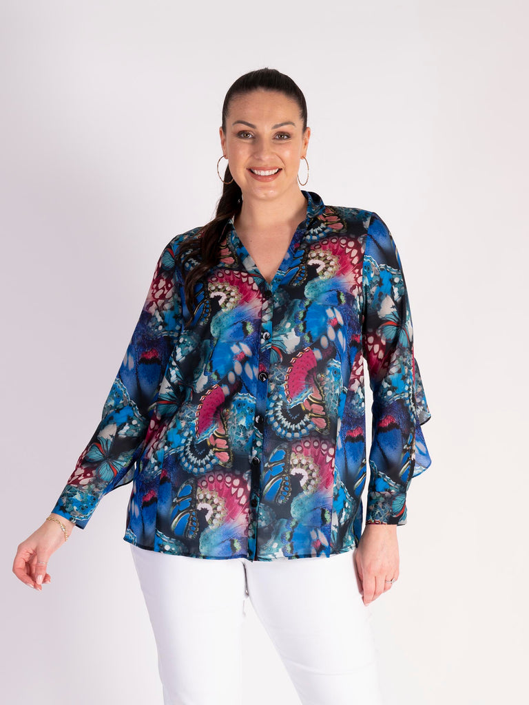 Barcelona Butterfly Print Frill Trimmed Shirt | Chesca