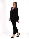 Black Notch Neck Stretch Velvet Jacket with Diamond Back Detail