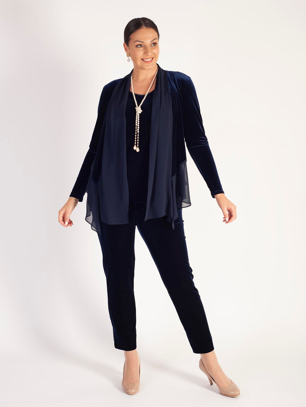 Stretch Velvet Shrug Contrast Chiffon Trim