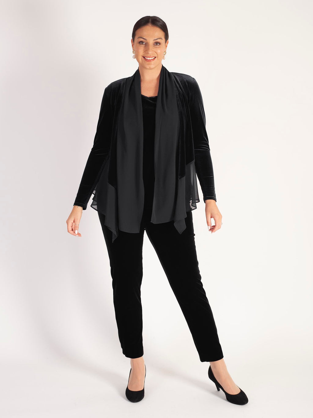 Stretch Velvet Shrug Contrast Chiffon Trim