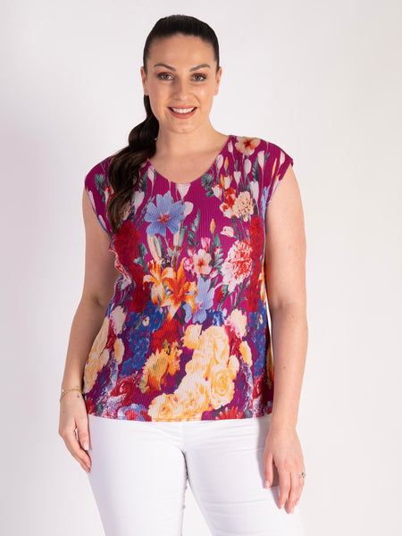 Fuchsia Border Print Pleated Camisole With Lining
