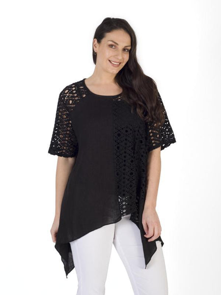 Black Holey Mesh & Linen Top