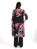 Black/Pink Peony Print Shawl Collar Chiffon Coat