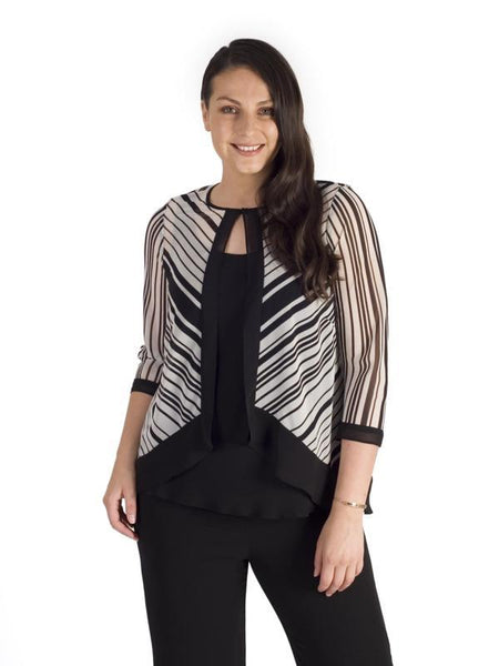 Ivory/Blk Irregular Stripe Chiffon Trim Shrug