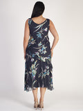Pewter Turquoise/Lime Iris Floral Print Silk Devoree Sleeveless Dress