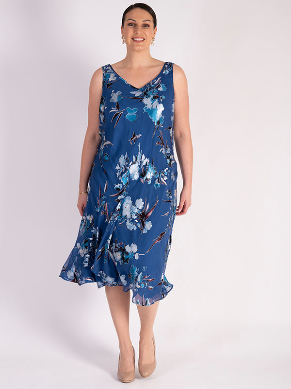 Azure Floral Print Silk Devore Sleeveless Dress | Chesca Direct