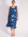 Azure Floral Print Silk Devore Sleeveless Dress