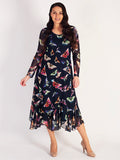 Navy Butterfly Print Curved Panel Long Sleeve Mesh Dress