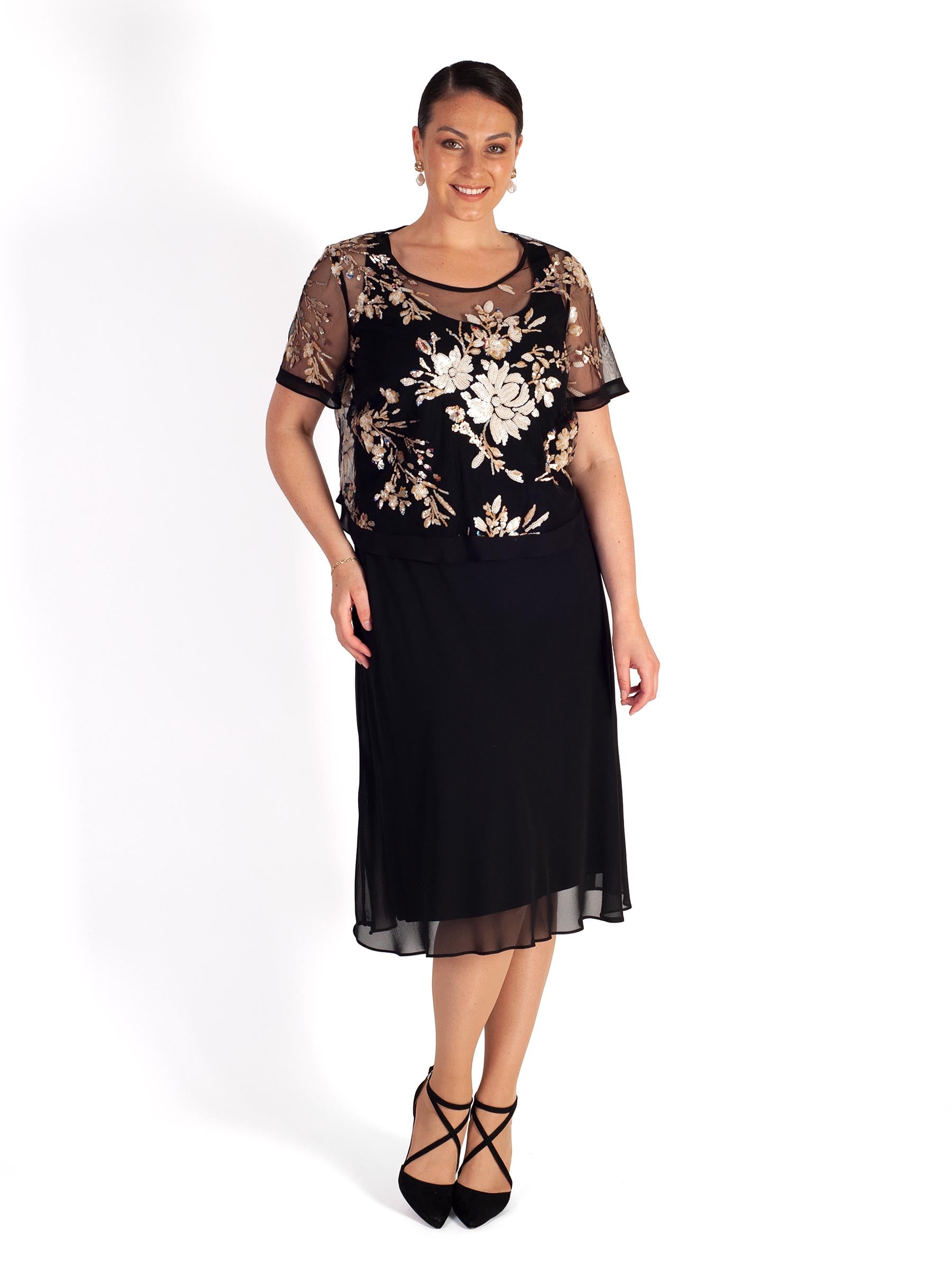 Black Chiffon Dress With Embroidered Sequin Mesh Overtop 