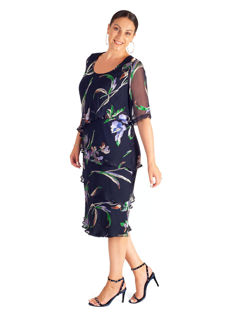 Navy Iris Floral Print Multi Layered Devoree Dress Chesca Direct 