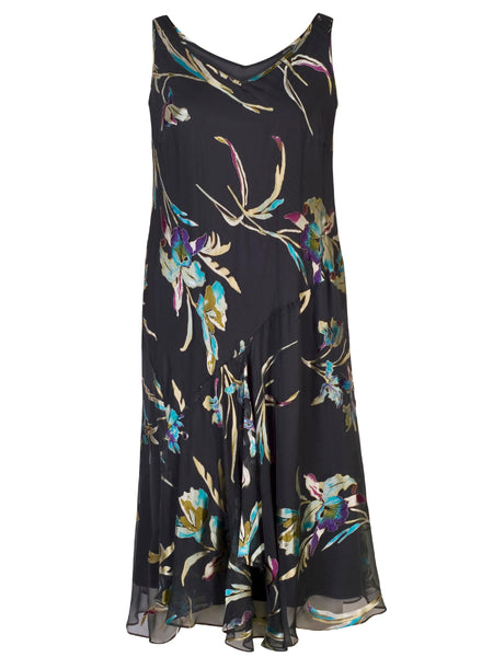 Pewter Turquoise/Lime Iris Floral Print Silk Devoree Sleeveless Dress ...