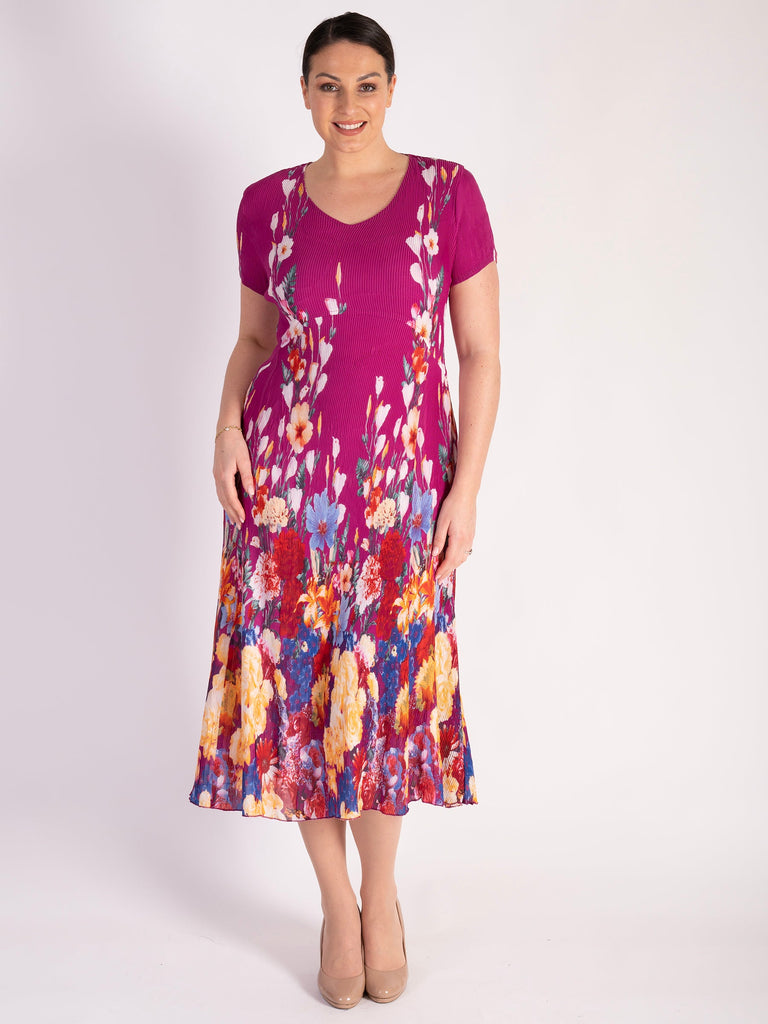 Fuchsia Border Print Pleated Dress | Chesca Direct