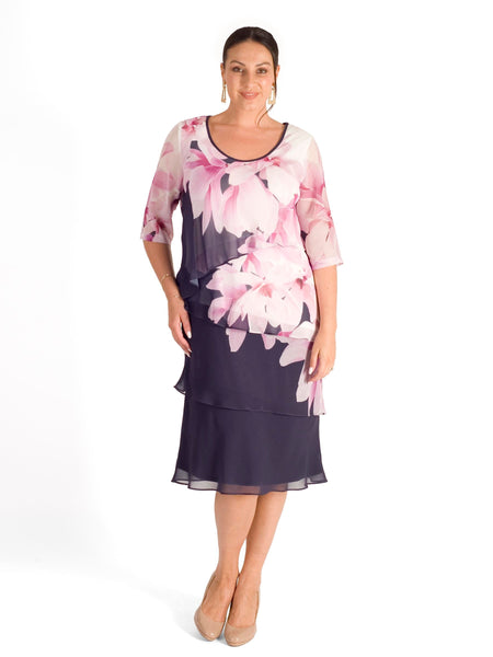 Violetta/Rose Pink/Ivory Garland Border Detail Multi Layered Chiffon Dress