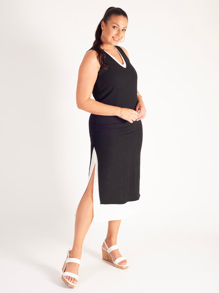 Black/White Sleeveless Layered Crepe Dress