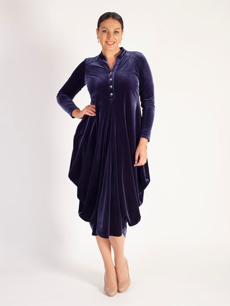 Violetta Stretch Velvet Drape Dress with Button Placket