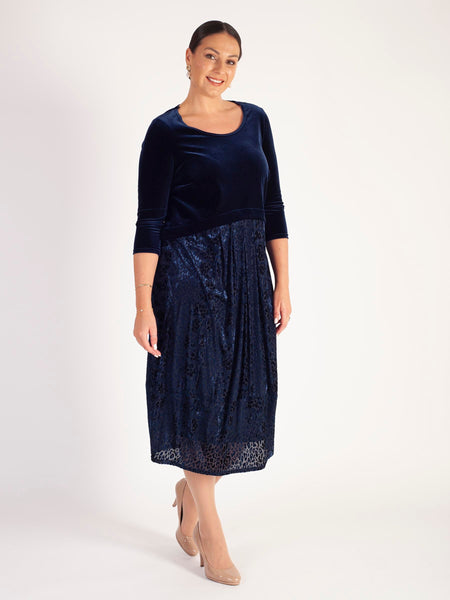 Navy Velvet Bodice Dress with a Velvet Devoree Skirt