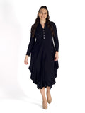 Navy Jersey Drape Dress with Button Placket