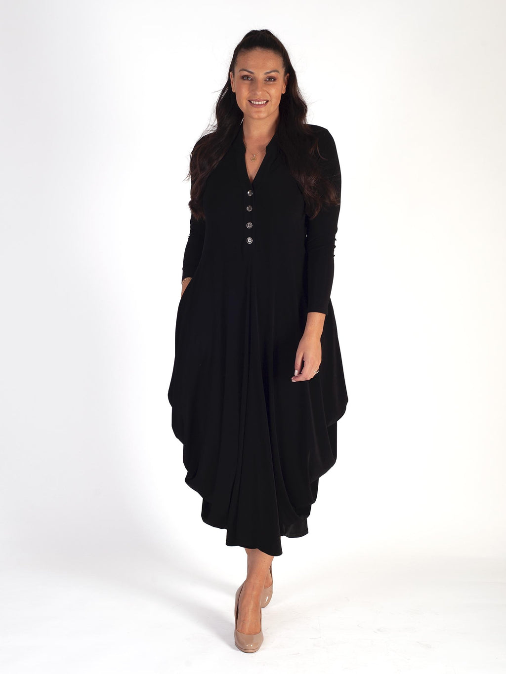 Chesca Black Jersey Drape Dress with Button Placket