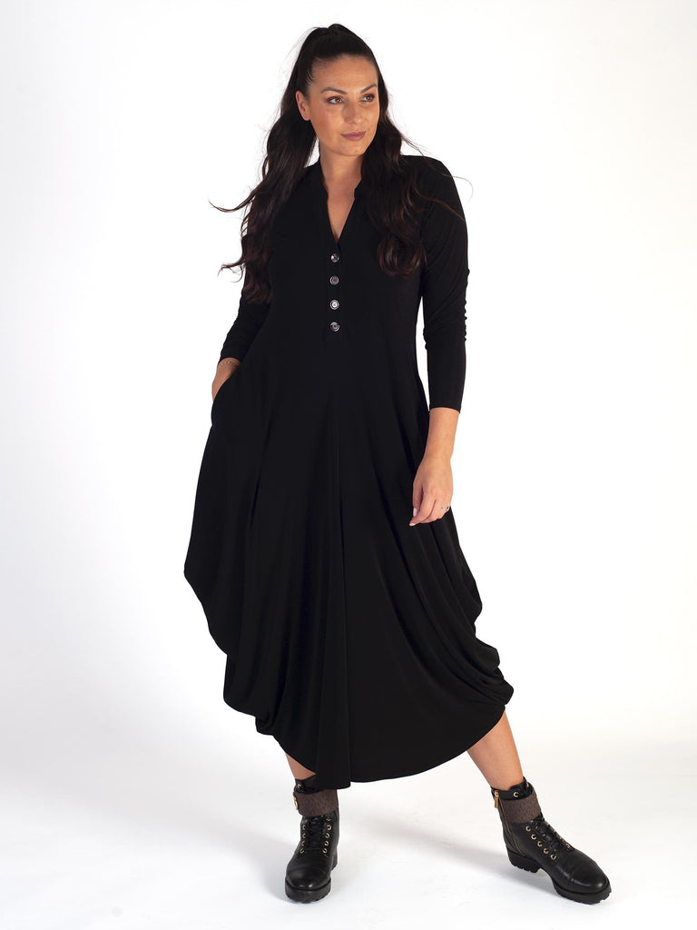 Black Jersey Drape Dress with Button Placket | Chesca Direct