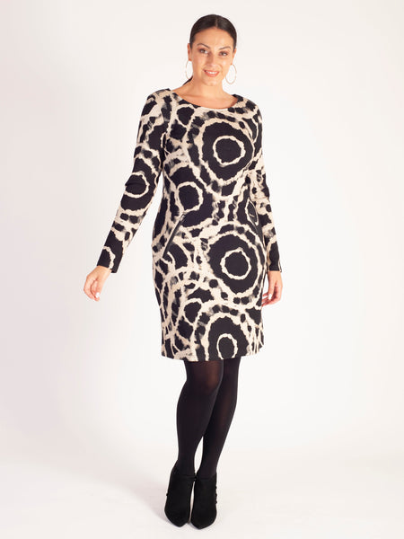 Chic Black & Beige Abstract Circle Print Dress