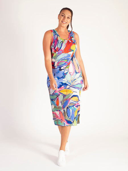 Blue/Multi Abstract Leaf Print Sleeveless Jersey Dress with Side Slits