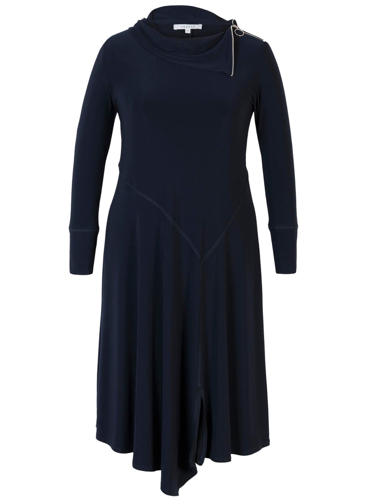 Navy Jersey Dress with Soft Collar Shoulder Zip Detail | Chesca Direct