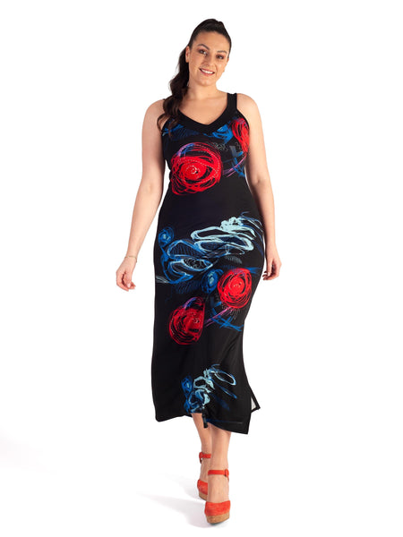 Black/Multi Print Sleeveless Jersey Maxi Dress