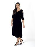 Black Mesh Shoulder Flared Velvet Dress