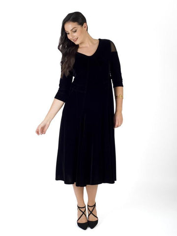 Black Mesh Shoulder Flared Velvet Dress