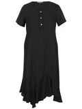 Black Button Placket Hopsack Trim Linen Dress