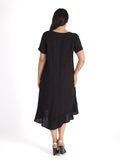 Black Button Placket Hopsack Trim Linen Dress