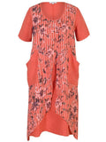 Coral Floral & Stripe Print Wrap Linen Dress