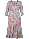 Coral Contrast Trim Tiered Floral Print Crushed Cotton Dress
