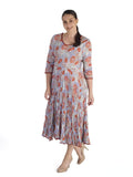 Coral Contrast Trim Tiered Floral Print Crushed Cotton Dress