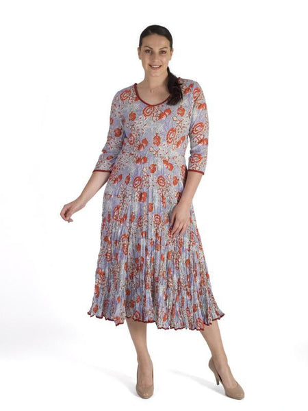 Coral Contrast Trim Tiered Floral Print Crushed Cotton Dress