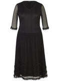 Black Mock Layer Daisy Chain Trim Crush Pleat Mesh Dress