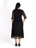 Black Mock Layer Daisy Chain Trim Crush Pleat Mesh Dress