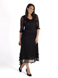 Black Mock Layer Daisy Chain Trim Crush Pleat Mesh Dress