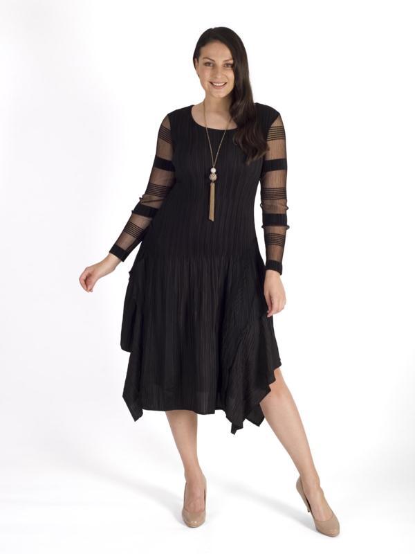 Black Sheer Stripe Trim Layered Crush Pleat Dress | Chesca