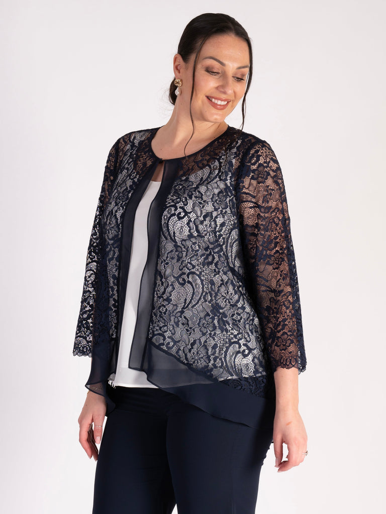 Navy Lace Jacket with Chiffon Trim | Chesca Direct