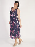 Violetta Rose Print Satin Devoree V-Neck Sleeveless Dress