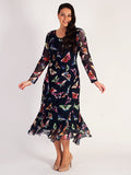 Navy Butterfly Print Curved Panel Long Sleeve Mesh Dress