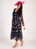 Navy Butterfly Print Curved Panel Long Sleeve Mesh Dress