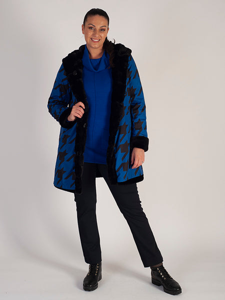 Blue Reversible Houndstooth Coat With Fur - Black Friday Comes Early