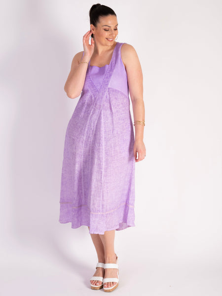 Lilac Sleeveless Linen Dress with Ribbed Panel Detailing | Chesca Direct Lilac Sleeveless Linen Dress with Ribbed Panel Detailing | Chesca Direct