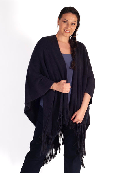 Navy Knitted Wrap with Fringed Edging